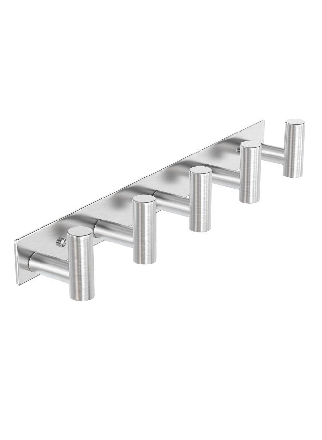 Coat Rack Wall Mounted, 5 T Shaped Wall Hooks for Hanging, Heavy Duty Stainless Steel Coat Hook Rail for Hat Towel Robes in Bathroom Kitchen Mudroom Entryway (Silver, 1 Pack) - Image 1